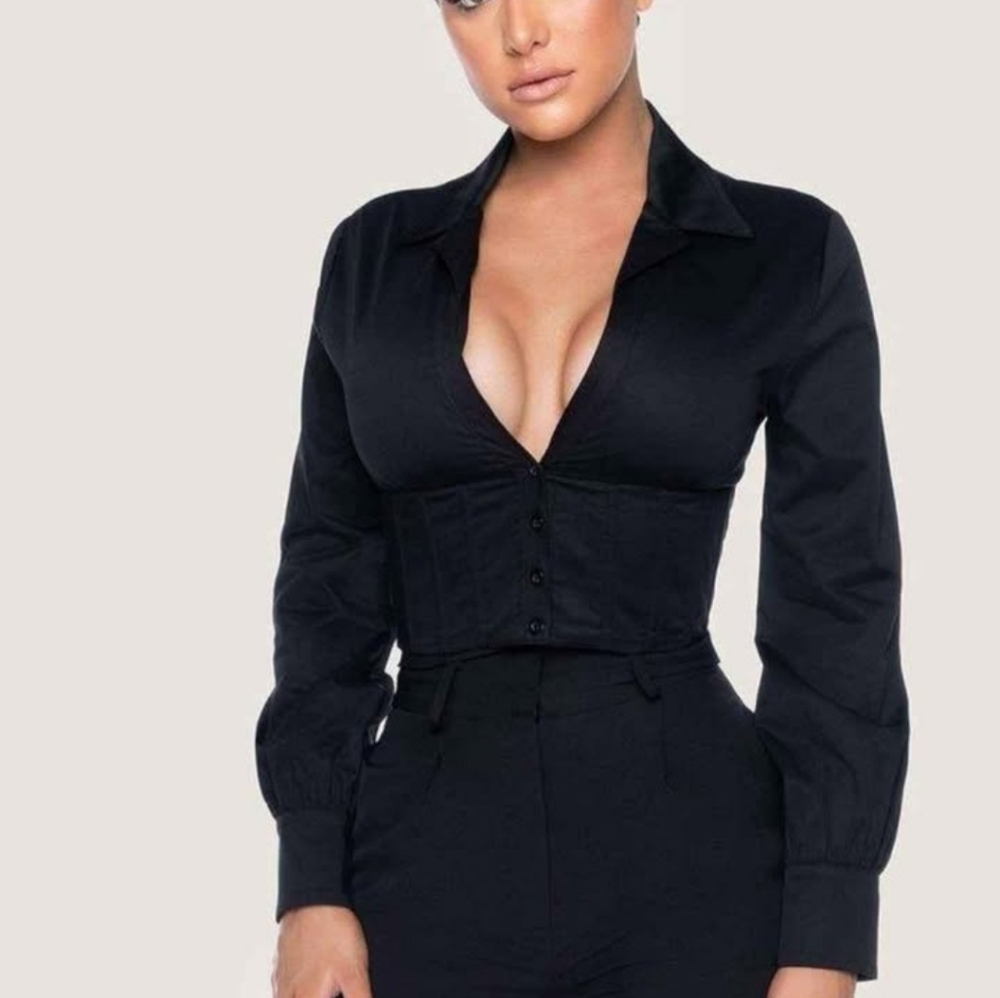 MESHKI Adaline Black S Blazer Top Cotton Notch Lapel Corset Lace Up Long Sleeve